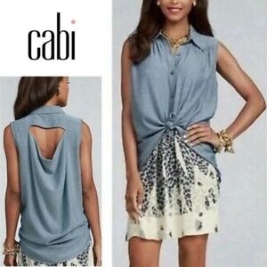 CAbi Blue Chambray Style 387 High‎ Low Cut Out Sleeveless Button Up Top Size S